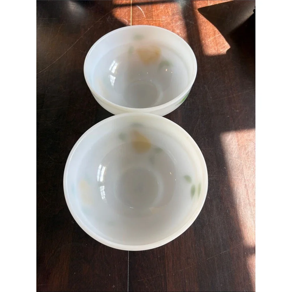 2 Vintage Fire-King milk glass bowls hand-painted fruit design